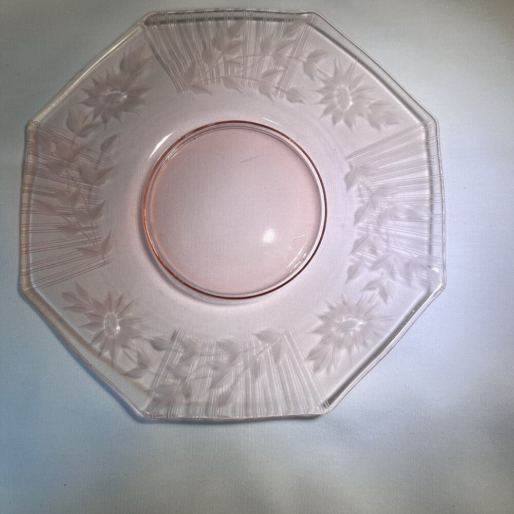 Vintage Pink Depression Glass Etched Floral Pink 7” Octagon Dessert Plate